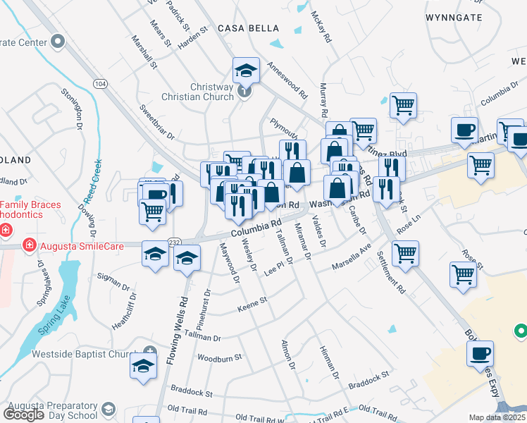 map of restaurants, bars, coffee shops, grocery stores, and more near 3938 Washington Road in Augusta