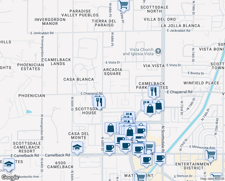 map of restaurants, bars, coffee shops, grocery stores, and more near 5015 North Chiquita Lane in Paradise Valley