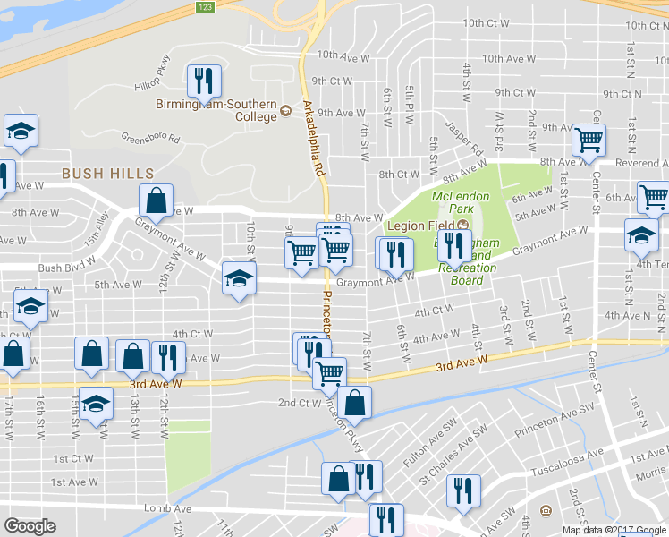 map of restaurants, bars, coffee shops, grocery stores, and more near 734 Graymont Avenue West in Birmingham