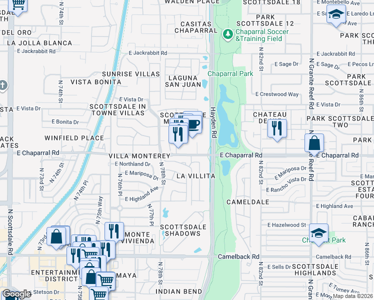 map of restaurants, bars, coffee shops, grocery stores, and more near 7930 E Chaparral Rd in Scottsdale