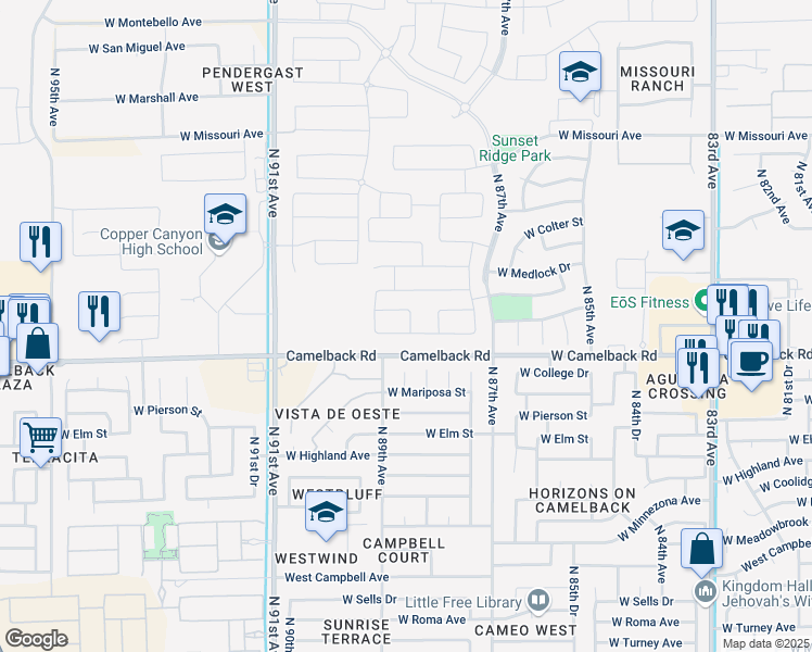 map of restaurants, bars, coffee shops, grocery stores, and more near 8802 West Camelback Road in Glendale