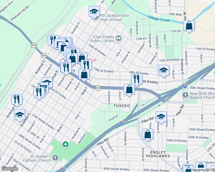 map of restaurants, bars, coffee shops, grocery stores, and more near 1428 20th Street Ensley in Birmingham