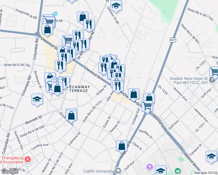 map of restaurants, bars, coffee shops, grocery stores, and more near 1085 Chestnut Street in Orangeburg
