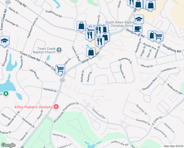 map of restaurants, bars, coffee shops, grocery stores, and more near 220 Darien Drive in Aiken