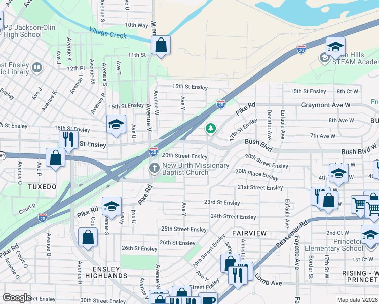 map of restaurants, bars, coffee shops, grocery stores, and more near 2508 20th Street Ensley in Birmingham