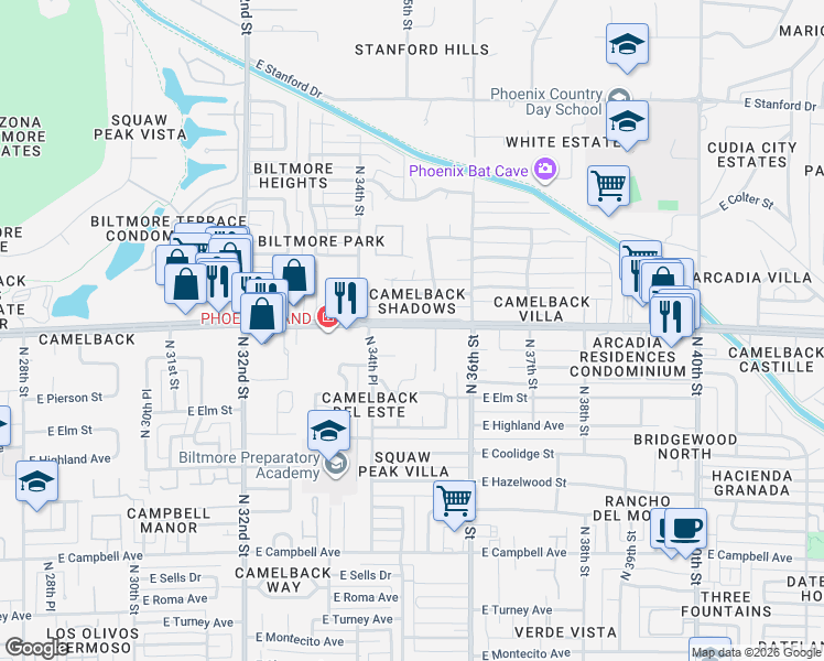 map of restaurants, bars, coffee shops, grocery stores, and more near 3501 East Camelback Road in Phoenix