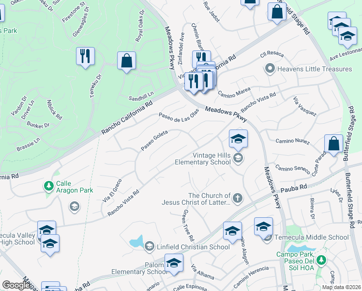map of restaurants, bars, coffee shops, grocery stores, and more near 31794 Corte Rosario in Temecula