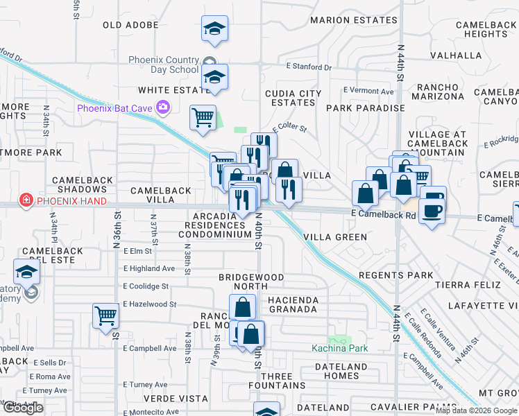 map of restaurants, bars, coffee shops, grocery stores, and more near in Phoenix