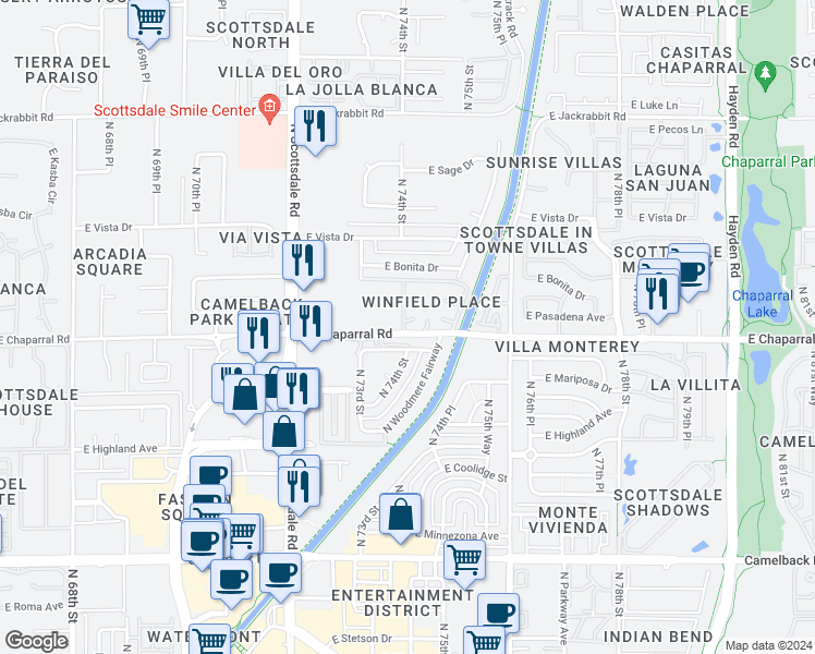map of restaurants, bars, coffee shops, grocery stores, and more near 7430 East Chaparral Road in Scottsdale