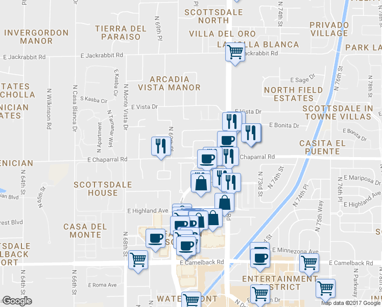 map of restaurants, bars, coffee shops, grocery stores, and more near 5012 North 71st Street in Scottsdale