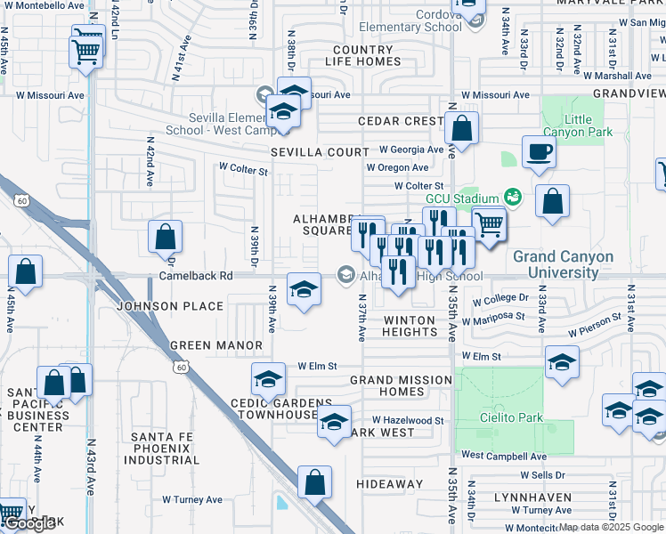 map of restaurants, bars, coffee shops, grocery stores, and more near 3740 West Camelback Road in Phoenix