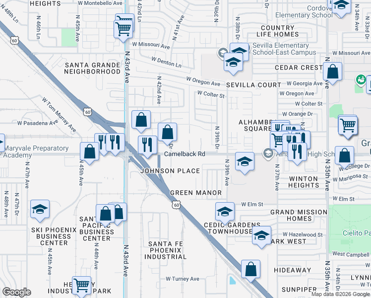 map of restaurants, bars, coffee shops, grocery stores, and more near 4022 West Palomino Road in Phoenix