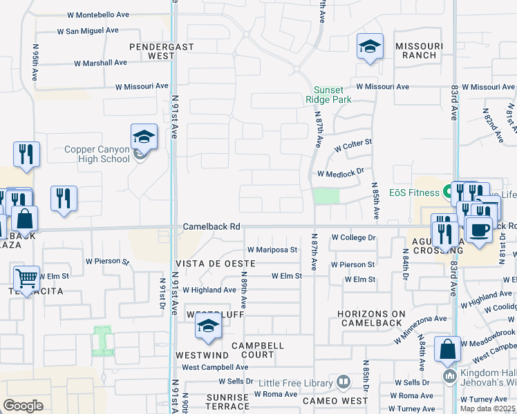 map of restaurants, bars, coffee shops, grocery stores, and more near 8802 West Camelback Road in Glendale