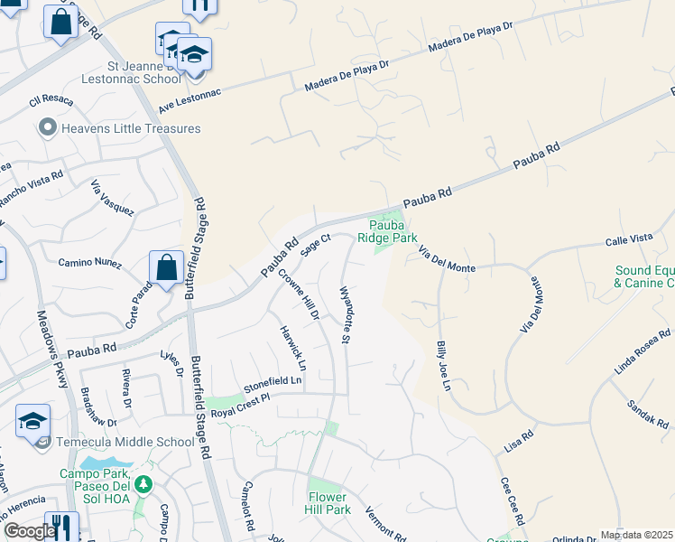 map of restaurants, bars, coffee shops, grocery stores, and more near 33167 Wakeen Circle in Temecula