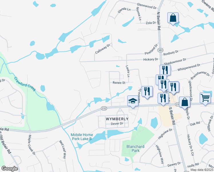 map of restaurants, bars, coffee shops, grocery stores, and more near 123 Shadygrove Drive in Augusta