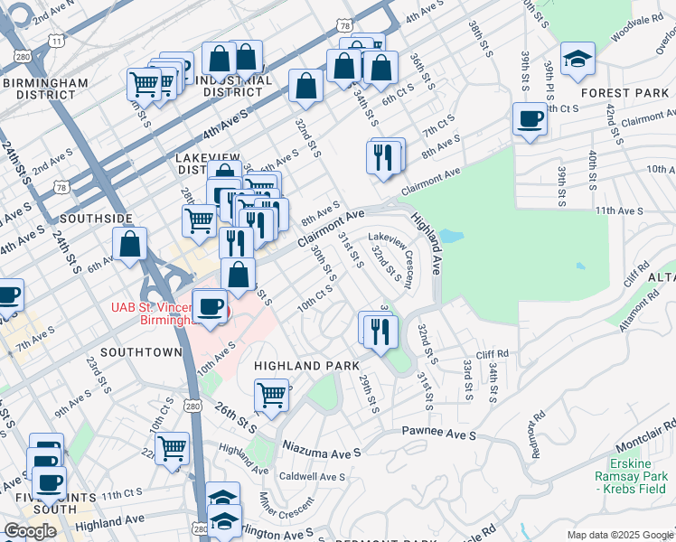 map of restaurants, bars, coffee shops, grocery stores, and more near 928 30th Alley in Birmingham