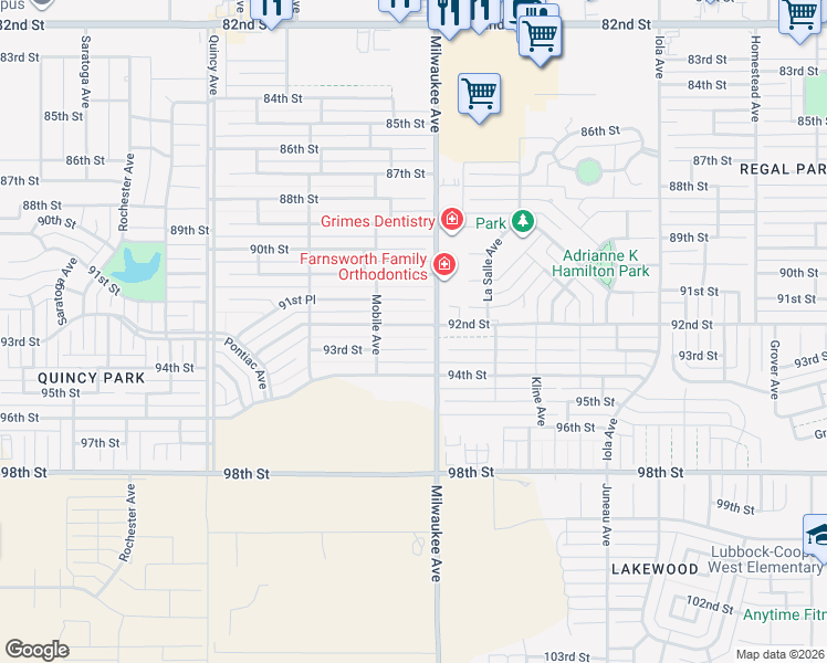 map of restaurants, bars, coffee shops, grocery stores, and more near 6509 92nd Street in Lubbock