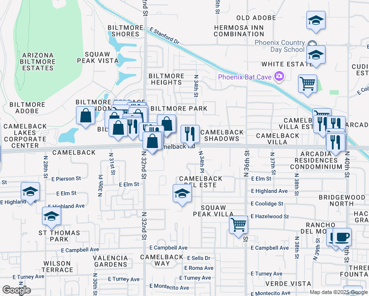 map of restaurants, bars, coffee shops, grocery stores, and more near 3333 East Camelback Road in Phoenix
