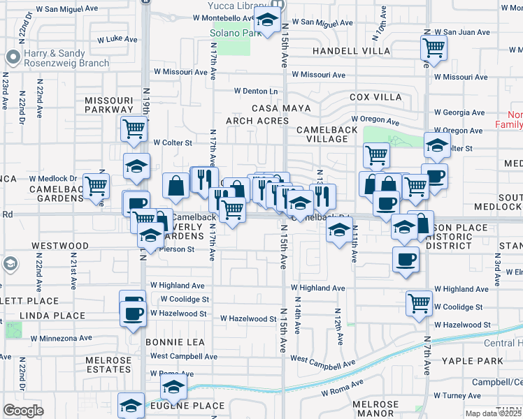 map of restaurants, bars, coffee shops, grocery stores, and more near 1516 West Camelback Road in Phoenix