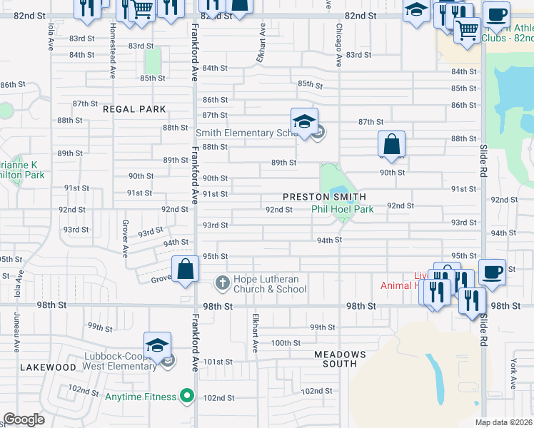 map of restaurants, bars, coffee shops, grocery stores, and more near 5533 92nd Street in Lubbock