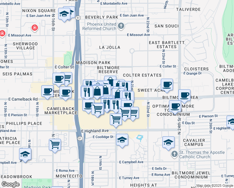 map of restaurants, bars, coffee shops, grocery stores, and more near in Phoenix