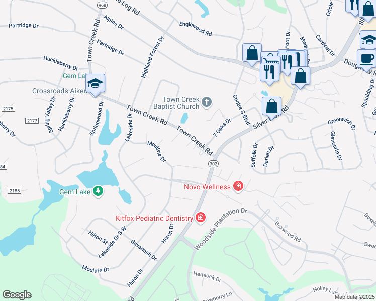 map of restaurants, bars, coffee shops, grocery stores, and more near 135 Gibbon Lane in Aiken
