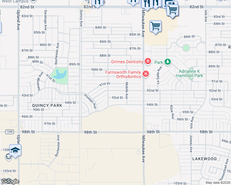 map of restaurants, bars, coffee shops, grocery stores, and more near 6545 92nd Street in Lubbock