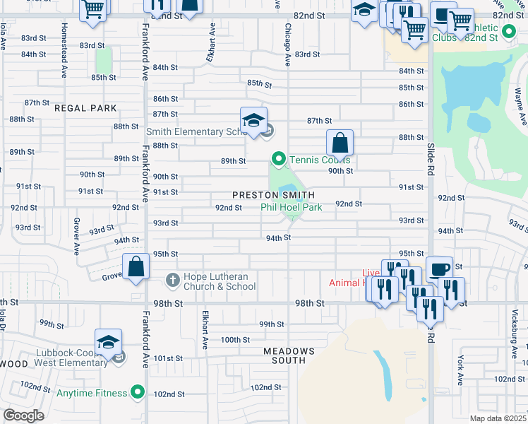 map of restaurants, bars, coffee shops, grocery stores, and more near 5507 92nd Street in Lubbock