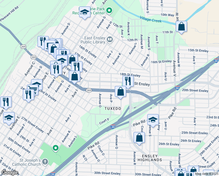 map of restaurants, bars, coffee shops, grocery stores, and more near 1528 20th Street Ensley in Birmingham