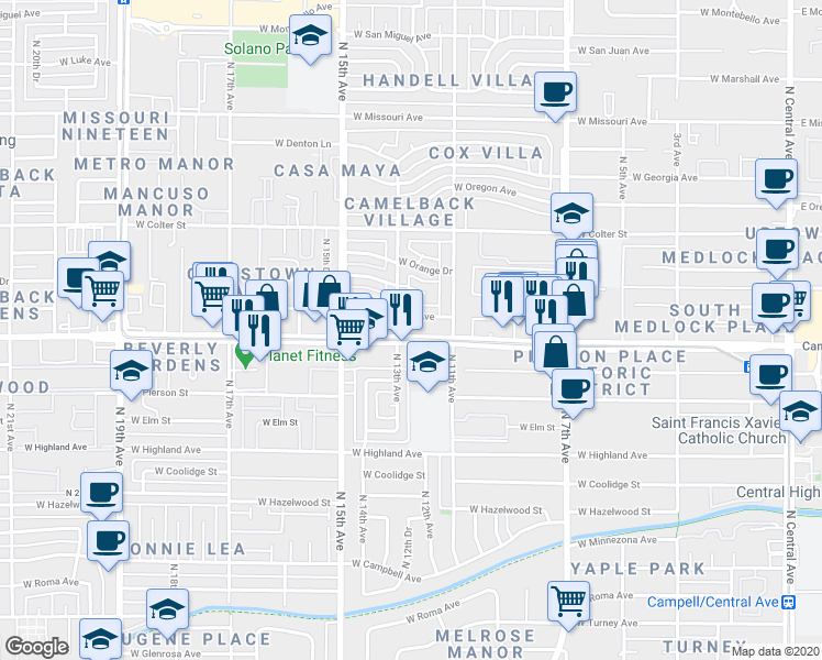 map of restaurants, bars, coffee shops, grocery stores, and more near 5008 North 13th Avenue in Phoenix