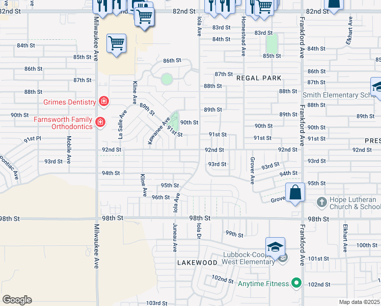 map of restaurants, bars, coffee shops, grocery stores, and more near 6105 92nd Street in Lubbock