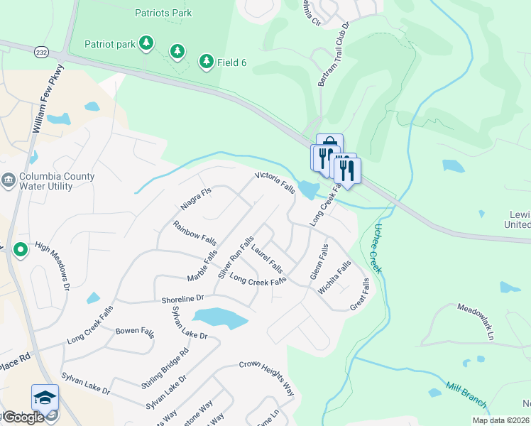 map of restaurants, bars, coffee shops, grocery stores, and more near 2042 Silver Run Falls in Grovetown