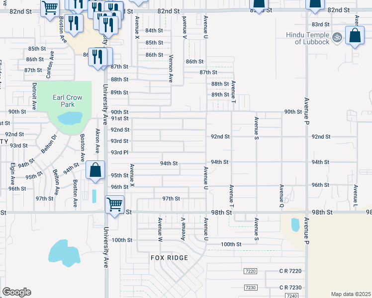 map of restaurants, bars, coffee shops, grocery stores, and more near 2120 93rd Place in Lubbock