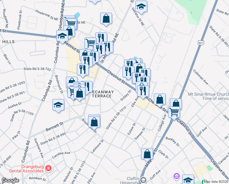 map of restaurants, bars, coffee shops, grocery stores, and more near 1130 Gloria Street in Orangeburg