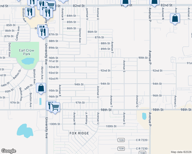 map of restaurants, bars, coffee shops, grocery stores, and more near 2103 93rd Street in Lubbock