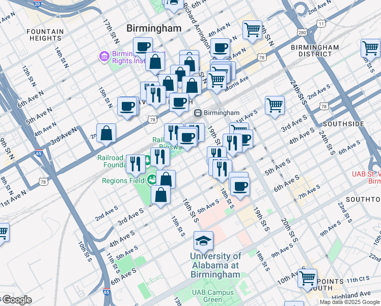 map of restaurants, bars, coffee shops, grocery stores, and more near 1701 1st Avenue South in Birmingham
