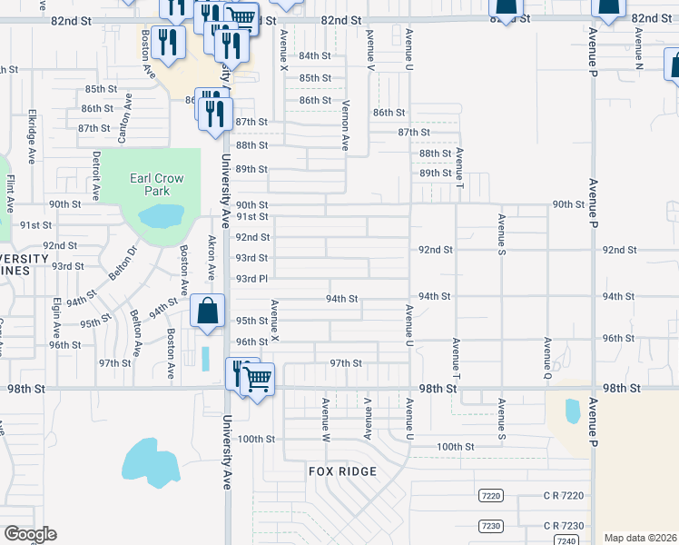 map of restaurants, bars, coffee shops, grocery stores, and more near 2216 93rd Pl in Lubbock