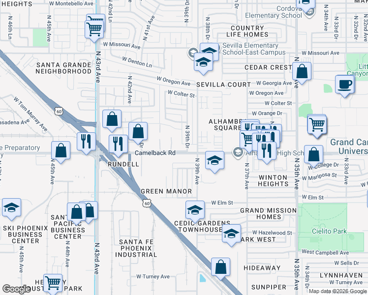 map of restaurants, bars, coffee shops, grocery stores, and more near 3940 West Palomino Road in Phoenix