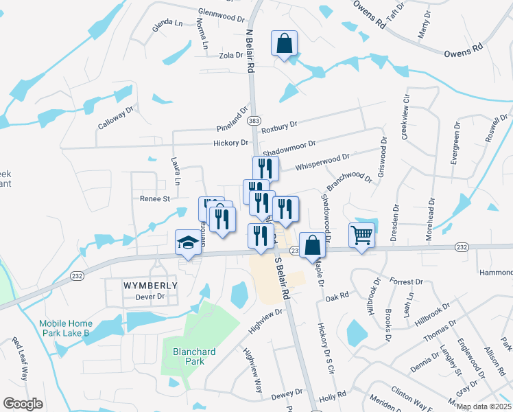 map of restaurants, bars, coffee shops, grocery stores, and more near 120 North Belair Road in Evans