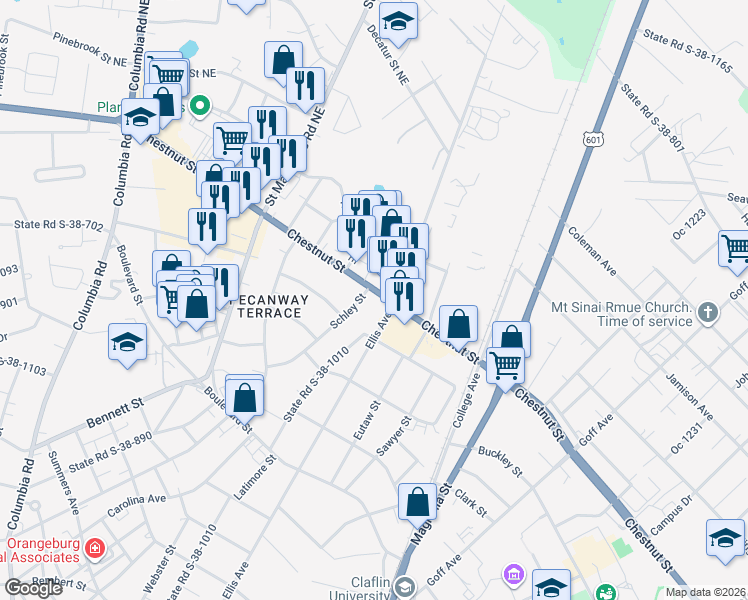 map of restaurants, bars, coffee shops, grocery stores, and more near 1085 Chestnut Street in Orangeburg