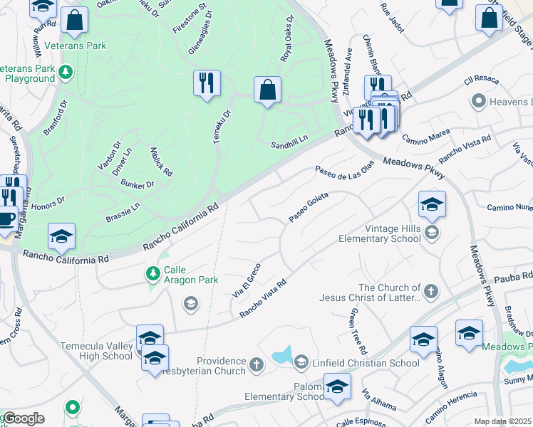 map of restaurants, bars, coffee shops, grocery stores, and more near 31446 Corte Sonora in Temecula