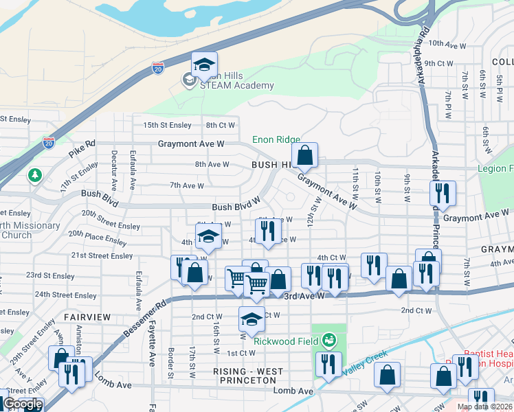 map of restaurants, bars, coffee shops, grocery stores, and more near 1411 Bush Boulevard West in Birmingham