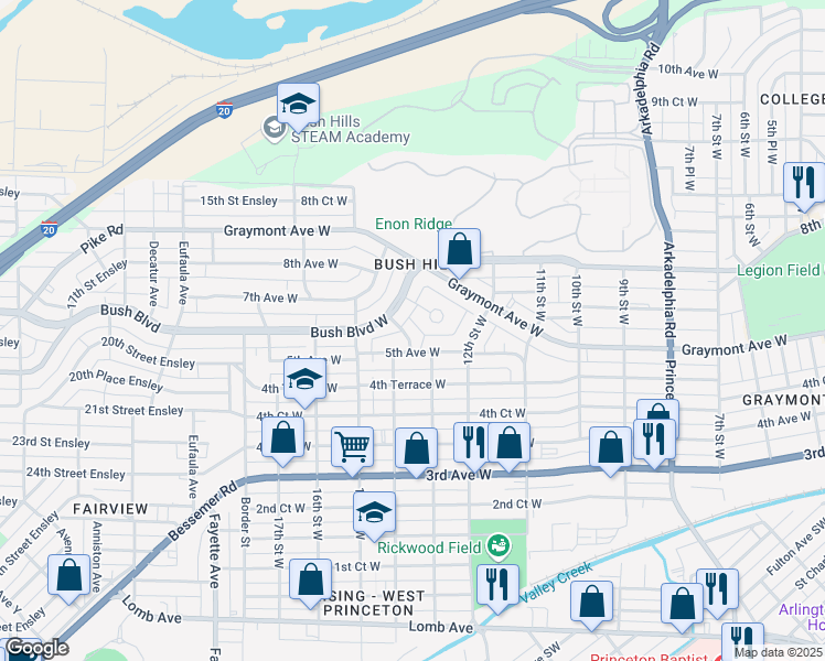 map of restaurants, bars, coffee shops, grocery stores, and more near 509 14th Street West in Birmingham