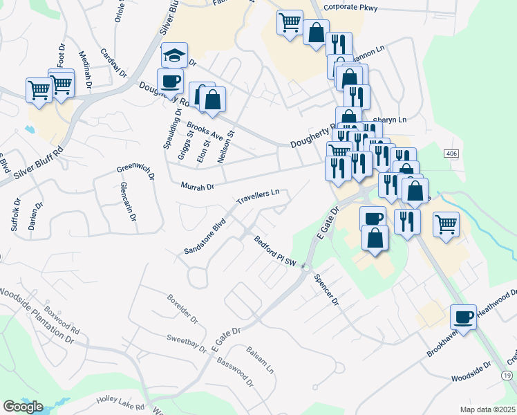 map of restaurants, bars, coffee shops, grocery stores, and more near 104 Shelby Drive in Aiken