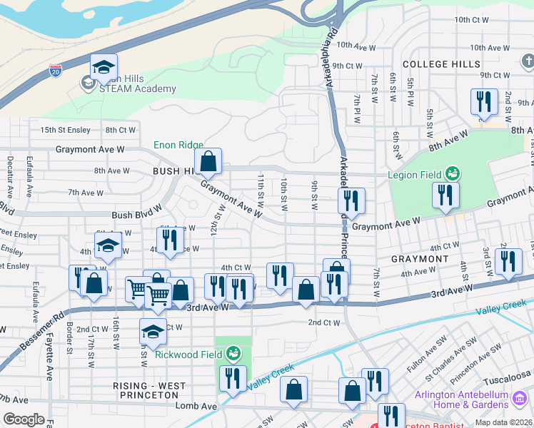 map of restaurants, bars, coffee shops, grocery stores, and more near 1100 Graymont Avenue West in Birmingham