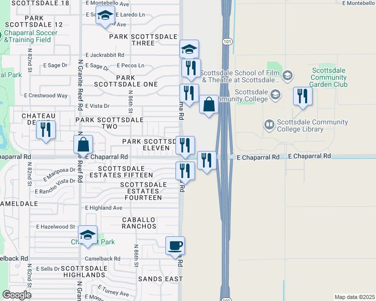 map of restaurants, bars, coffee shops, grocery stores, and more near 8800 East Chaparral Road in Scottsdale