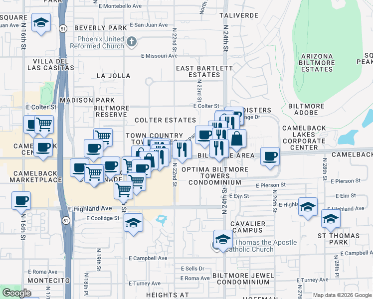 map of restaurants, bars, coffee shops, grocery stores, and more near 2212 East Camelback Road in Phoenix