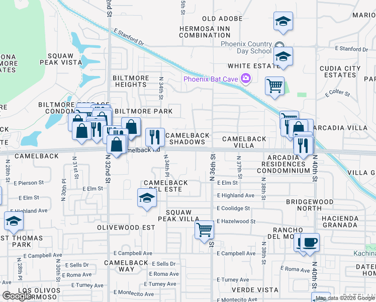 map of restaurants, bars, coffee shops, grocery stores, and more near 3444 East Camelback Road in Phoenix