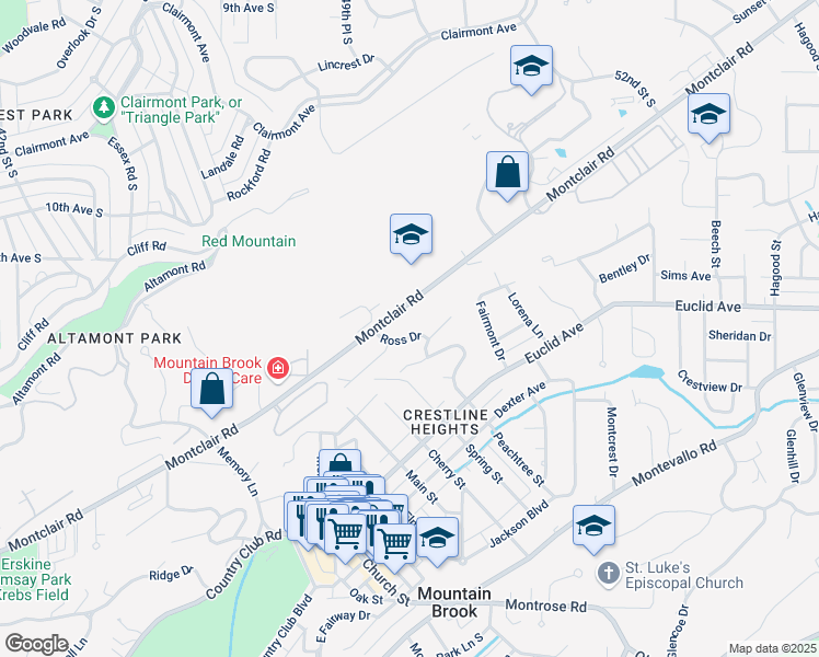 map of restaurants, bars, coffee shops, grocery stores, and more near 173 Ross Drive in Birmingham