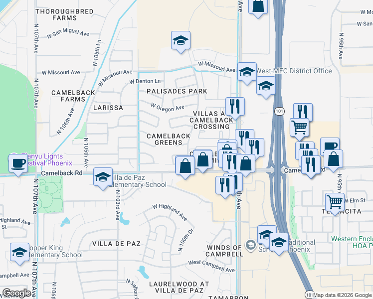 map of restaurants, bars, coffee shops, grocery stores, and more near 5150 North 101st Avenue in Glendale